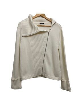 Monari knit sweater cardigan 50% cotton ecru/white fisherman zip up asymetric 8